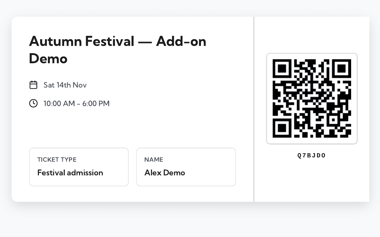 A PDF ticket from the Autumn Festival Shopify demo order, showing the event date, festival admission, Alex Demo and an individual QR code