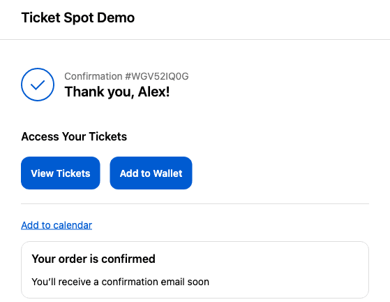 Shopify's order status page after checkout, with the Ticket Spot Thank-You Page block offering ticket download, an Apple Wallet pass and an add-to-calendar link