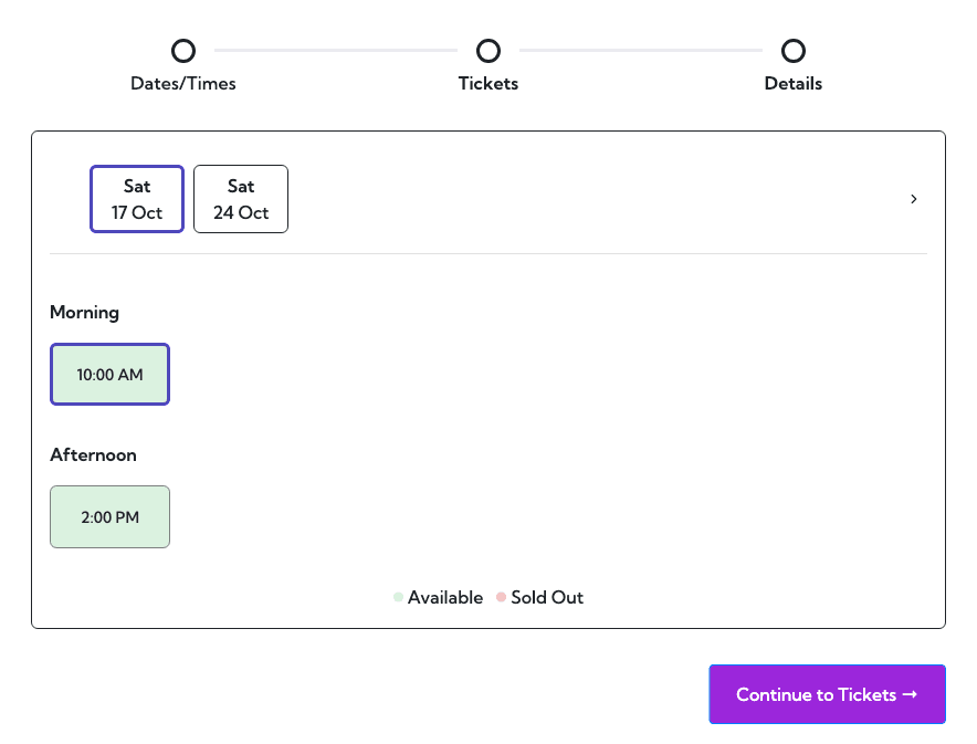 The Ticket Selector date and time picker for the pottery workshop demo, with October 17 selected and morning and afternoon session choices