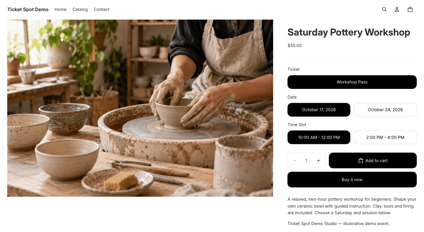 The Saturday Pottery Workshop demo product in Shopify, with ticket type, two dates and morning or afternoon time-slot options above Add to cart