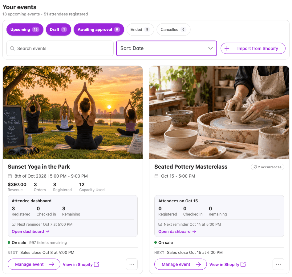 Ticket Spot's event dashboard for the Shopify demo store, with upcoming events, attendee counts, remaining tickets and View in Shopify links