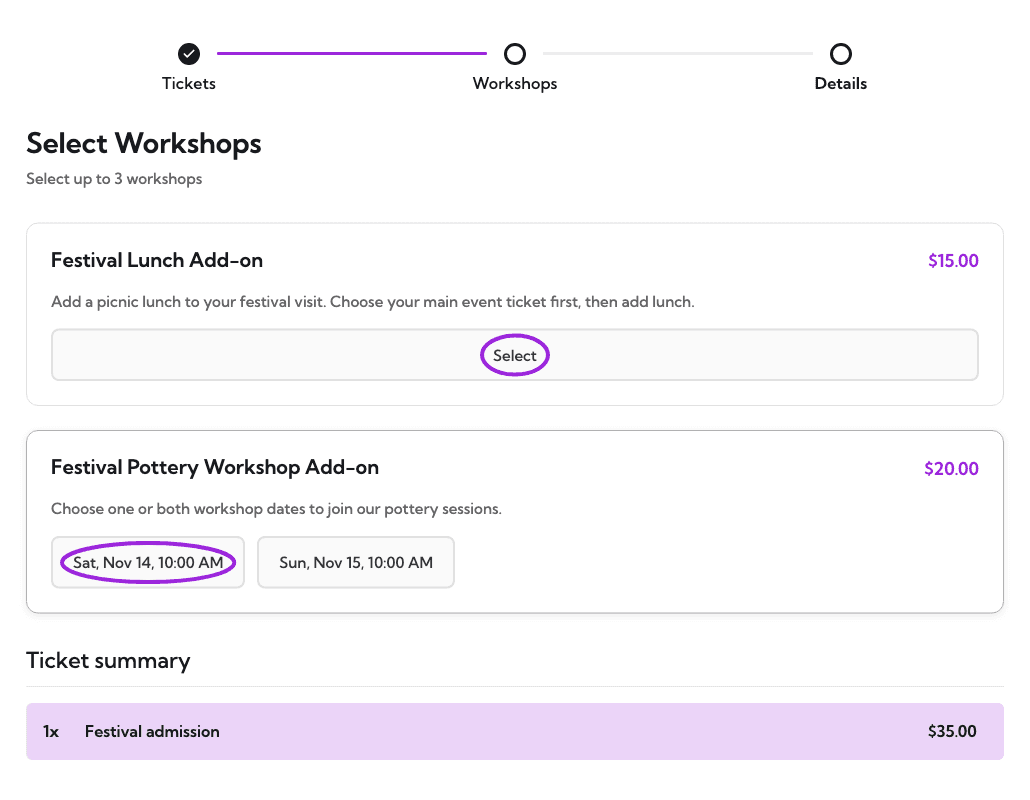 The Ticket Selector's workshop step showing a festival admission, an optional lunch add-on and pottery workshop date choices